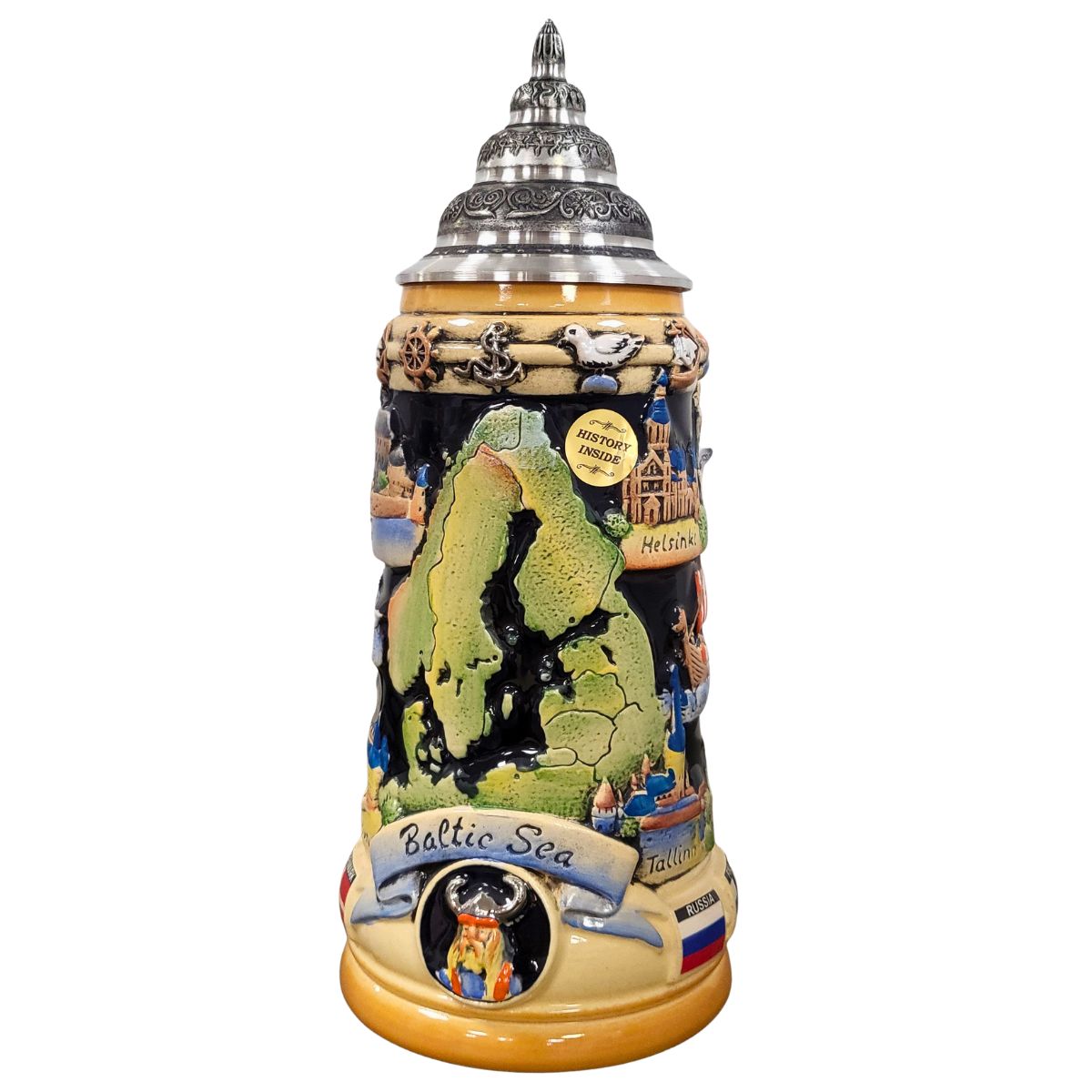 Baltic Sea Beer Stein by KING featuring Baltic Sea map and European landmarks, handcrafted in Germany with pewter lid