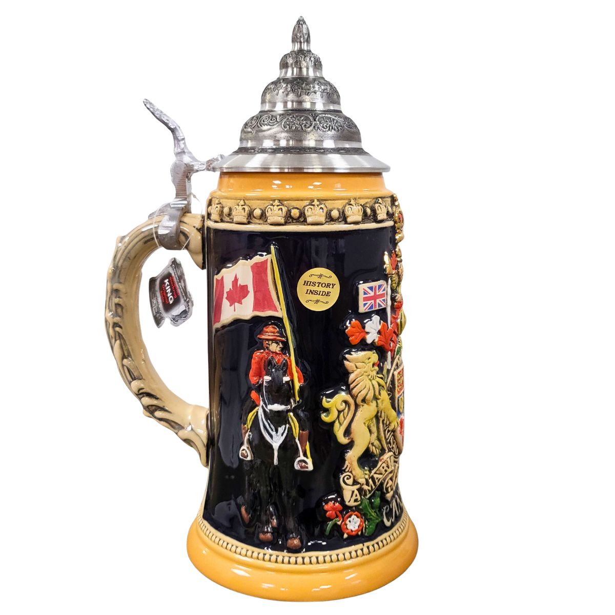 Canada Beer Stein featuring Canadian flag design and ornate pewter lid by KING-WERK Germany