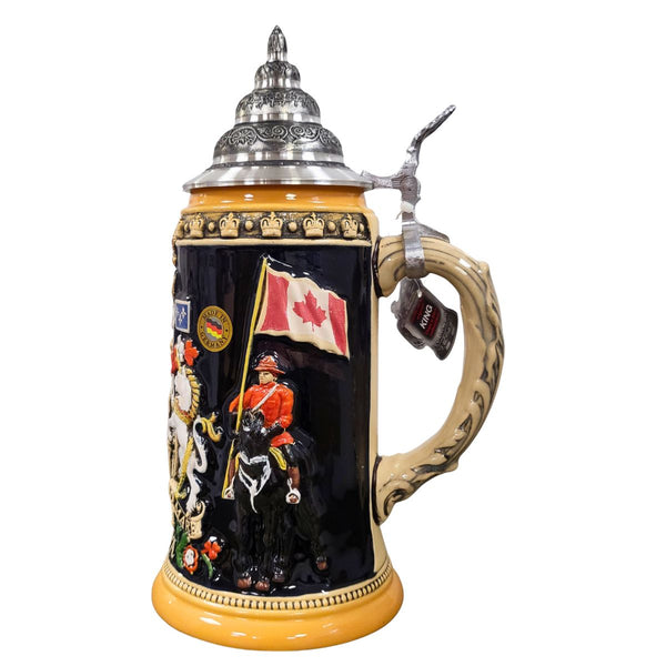 Canada Beer Stein by KING featuring Canadian flag and mounted rider, handcrafted in Germany with pewter lid