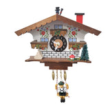 Miniature white chalet cuckoo clock with swaying chimney sweep on roof and Bavarian boy on swing for pendulum.