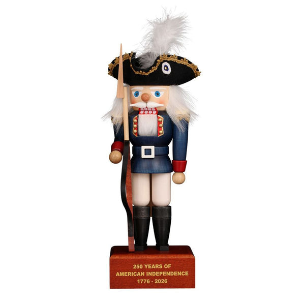 Christian Ulbricht Continental Soldier nutcracker holding musket with engraved 250 Years of American Independence 1776 to 2026 base