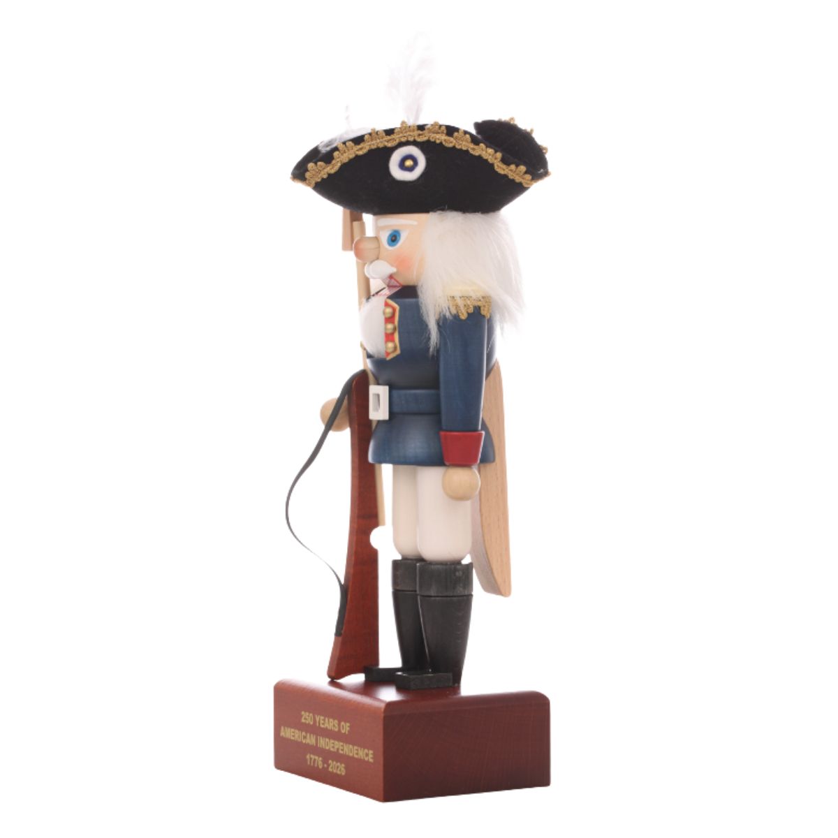 Christian Ulbricht Continental Soldier Nutcracker side view with tricorne hat, musket, and engraved 250 Years of American Independence base