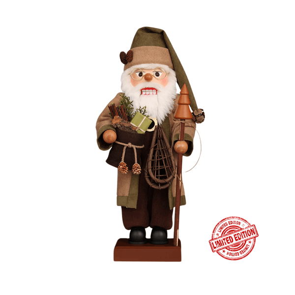 Handcrafted Forest Santa Nutcracker by Ulbricht, dressed in earthy tones and carrying nature’s gifts, celebrating the beauty of the forest.