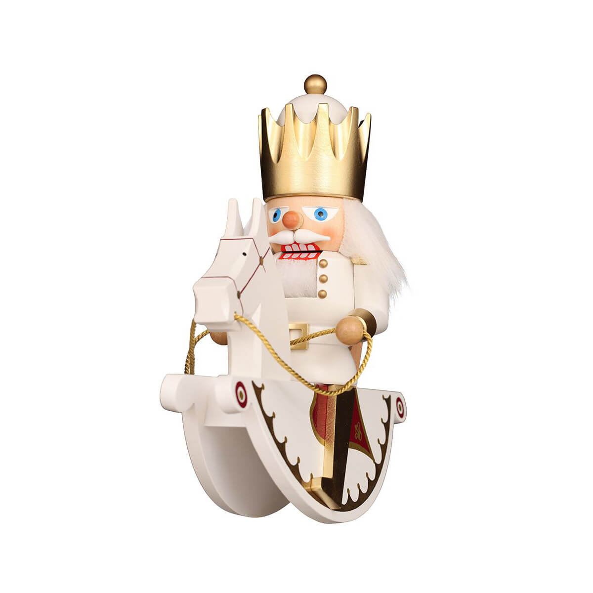 White and gold Rider King nutcracker seated on a matching rocking horse, wearing a golden crown and elegant attire, perfect for sophisticated holiday decor.