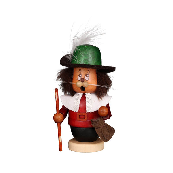 Charming little Puss in Boots smoker with a green hat, white musketeer-style collar, walking stick, and fabric sack, handcrafted in Germany with expressive eyes.
