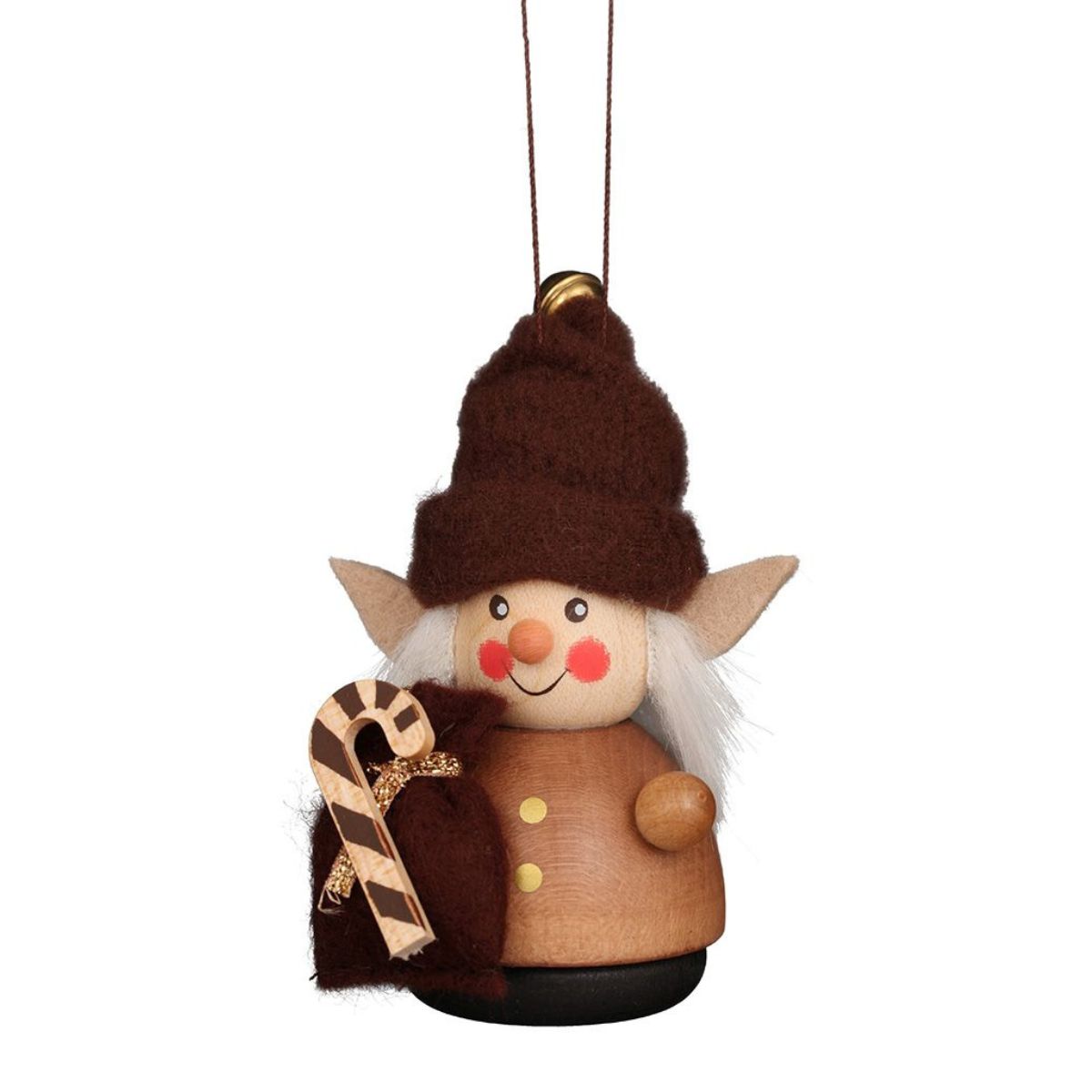 Christian Ulbricht wooden wobble figure Elf Child natural ornament with felt hat and candy cane