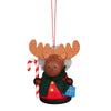 The little Ornament is a Moose dressed as Santa with a Candy Cane and a Present. There is a dark Scarf wrapped around his Neck