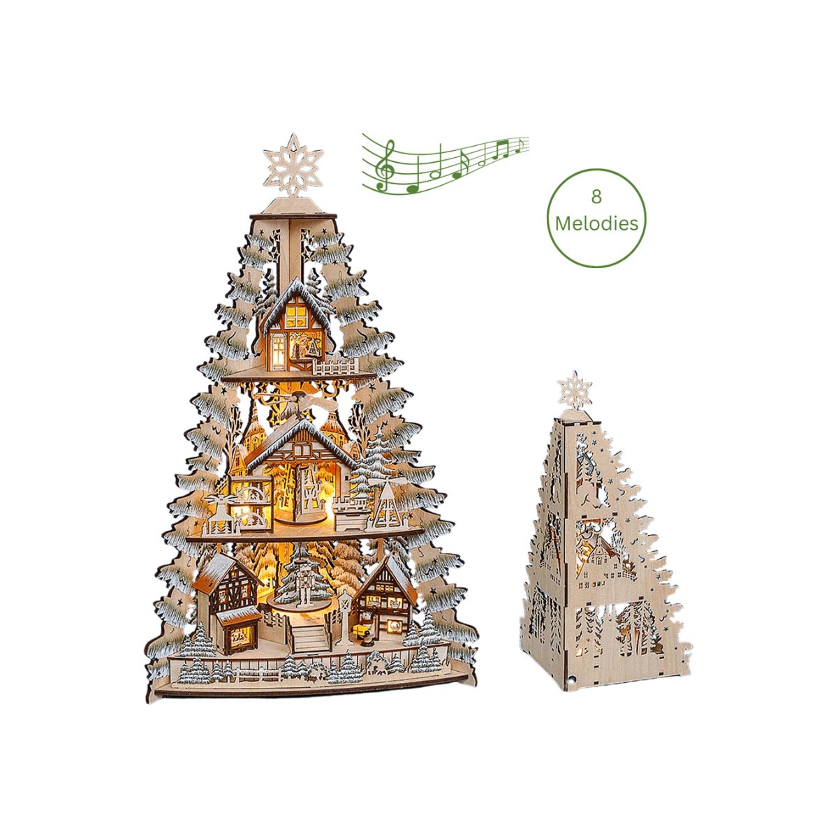 A stunning Christmas Schwibbogen tree featuring a German village at the base, rotating pyramids, frosted tree branches, and a star on top, with music features.
