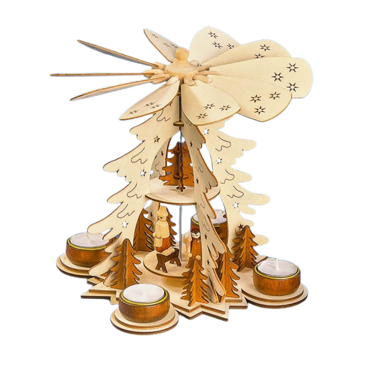 This natural-colored Pfaff Christmas pyramid is made out of wood works with four tealight candles. The two-tier pyramid shows the Holy Family and Nativity scene on the first platform and a tree on the second platform above. It is 10 inches tall.