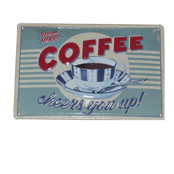 Coffee Cheers You Up vintage style metal coffee advertising sign with cup illustration