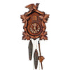 1-Day Schneider Traditional Coocoo clock without music. The face of the brown clock is crosshatched. There are carved leaves with lighter colored carved lines on each of the four corners of the clock. The distinctive feature of this clock is the oval shaped rounded clock face. The cuckoo door above the dial opens when the cuckoo bird calls. There is a larger carved cuckoo bird sitting on top of the crown on the roof.