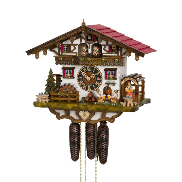 Hönes 8-day mechanical Black Forest cuckoo clock with Bavarian beer garden scene, beer drinkers, waitress Zenzi, dancers, water wheel, and pinecone weights