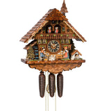 Embrace the timeless charm of this meticulously crafted 8-day Cuckoo Clock. Admire the exquisite carvings of dancing couples, a wood chopper, a lady bell ringer, and a moving bell in the tower. Matching green shutters and cuckoo door enhances the chosen stain's beauty. Vibrant floral arrangements complete this clock's splendid design.