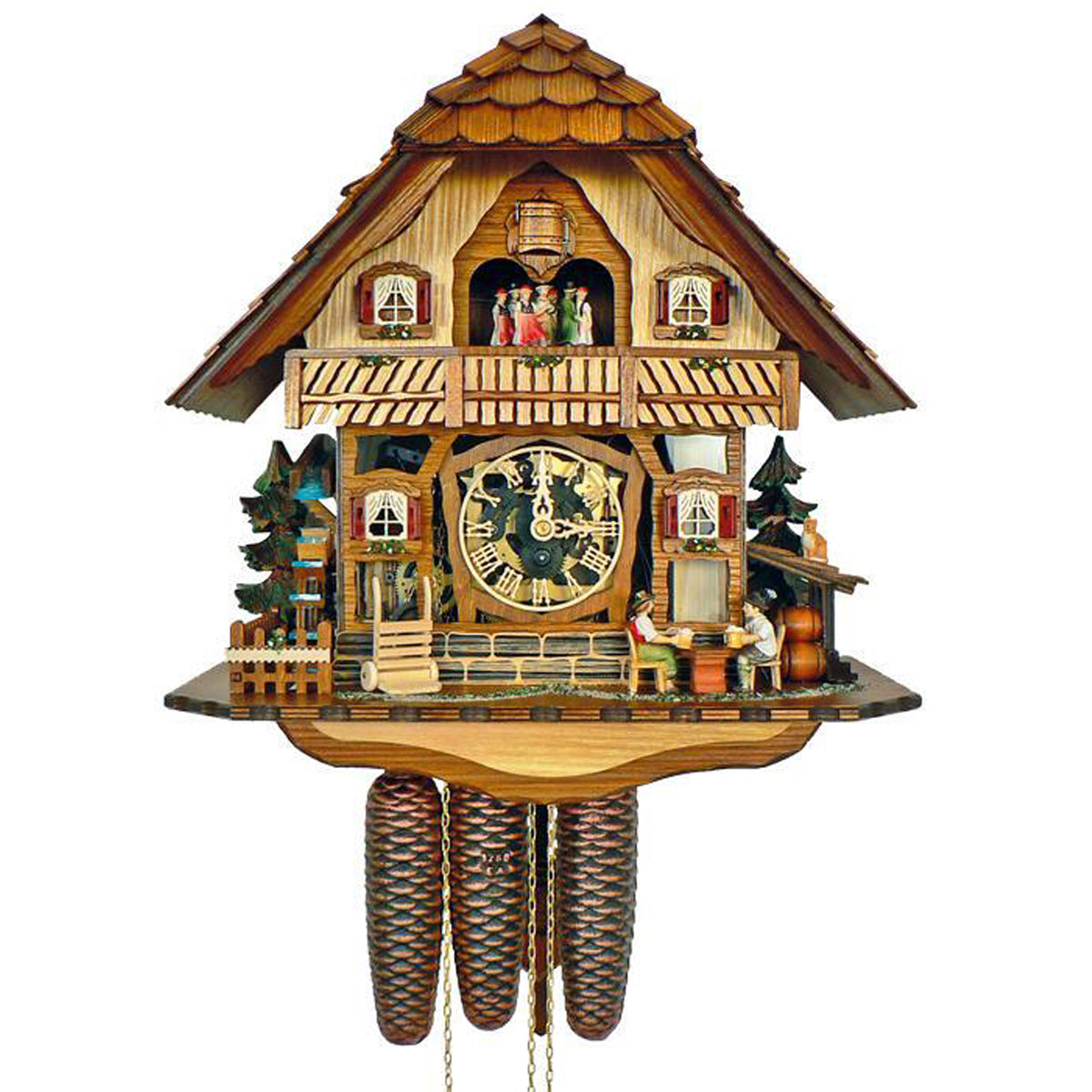 Schneider 8-day chalet cuckoo clock with glass dial face, beer drinkers, water wheel, cat figurine, and balcony dancers.