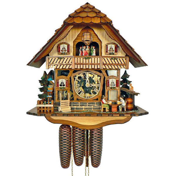 Schneider 8-day chalet cuckoo clock with glass dial face, beer drinkers, water wheel, cat figurine, and balcony dancers.