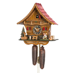 Enjoy this Chalet-style Cuckoo Clock with its romantic kissing couple. The vibrant red roof, door, and shutters add delightful pops of color. The 8-day mechanical movement offers convenient winding, while the screw pendulum with a brass stem ensures accurate timekeeping.