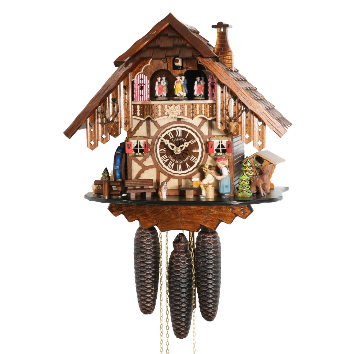  Image of an Engstler Cuckoo Clock depicting a scene from the Black Forest, including a man sitting at a table drinking beer, a woman holding a rolling pin behind him, a waterwheel, pine trees, a water trough, dancers on a balcony, a cuckoo bird emerging from its door, and a shingled roof with a chimney
