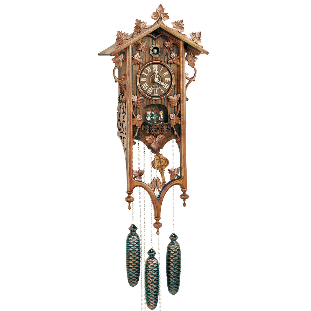 Anton Schneider 8-Day Railroad House Cuckoo Clock with elongated front, carved leaves, and dancers positioned at the base.