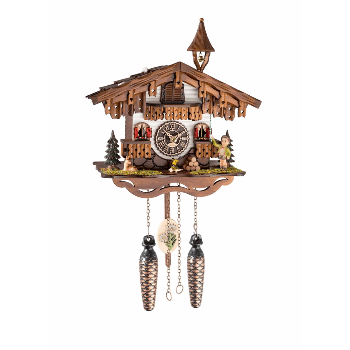 Trenkle quartz chalet cuckoo clock with bellringer boy, cuckoo bird, Alpine chalet, decorative bell tower, pendulum, and pinecone-style weights.