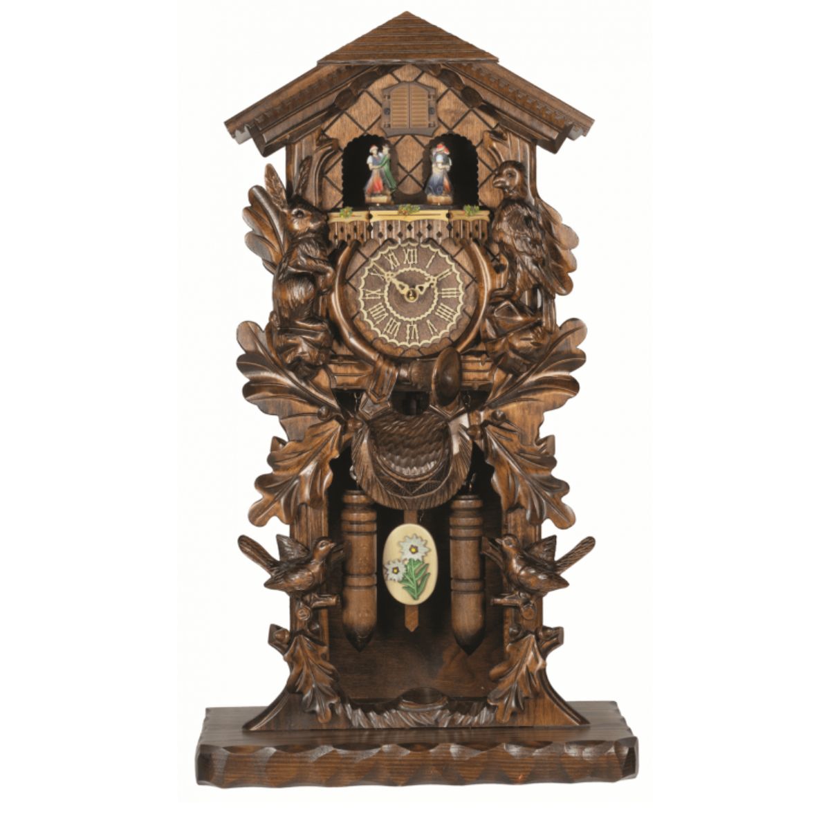 Trenkle quartz cuckoo clock with dancing couples, carved oak leaves, cuckoo bird, pinecone weights, and traditional Black Forest styling.