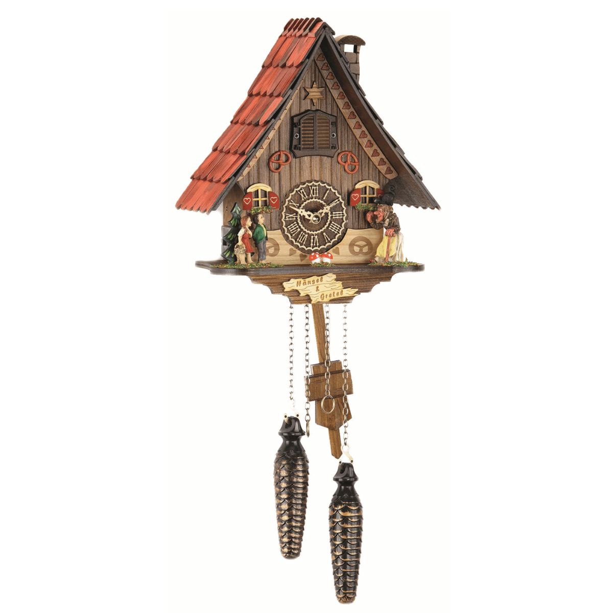 Trenkle quartz cuckoo clock with Haensel and Gretel figurines, red-roof chalet, cuckoo bird, pinecone weights, and Black Forest craftsmanship.