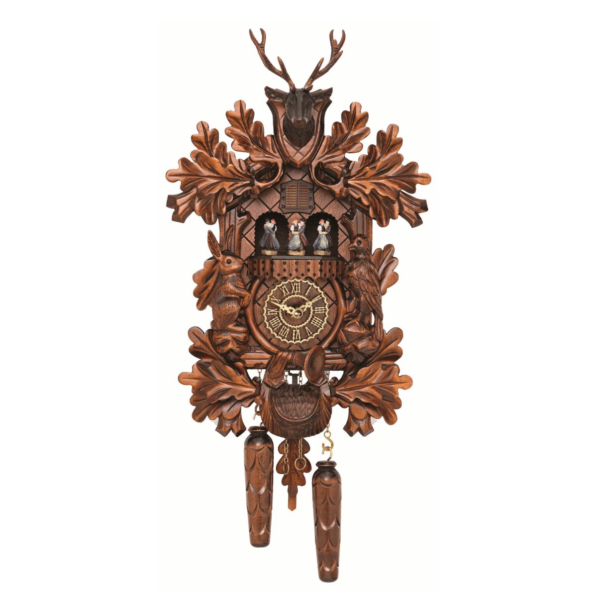 Trenkle quartz cuckoo clock with hunter theme, stag trophy, oak leaves, dancing couples, rabbit, pheasant, and pinecone weights.