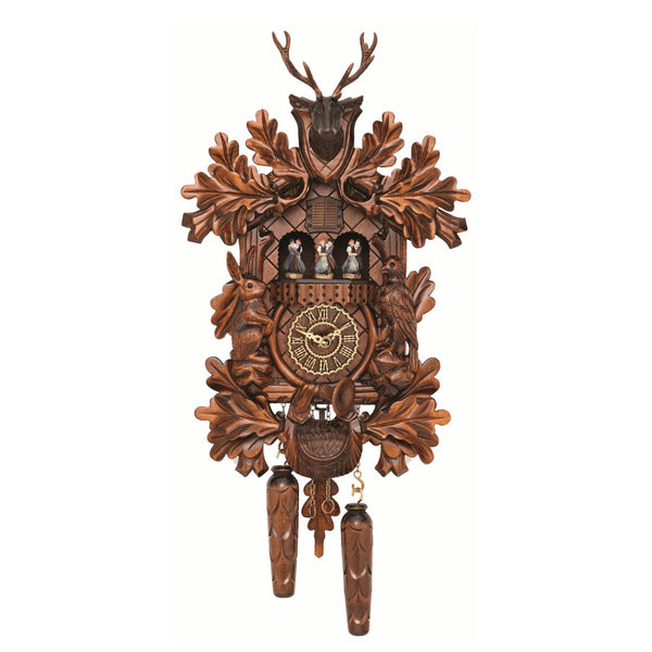 Trenkle quartz cuckoo clock with hunter theme, stag trophy, oak leaves, dancing couples, rabbit, pheasant, and pinecone weights.
