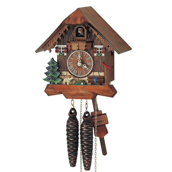 Schneider 1-day Black Forest chalet cuckoo clock with Saint Bernard, flower boxes, and water trough handcrafted in Germany