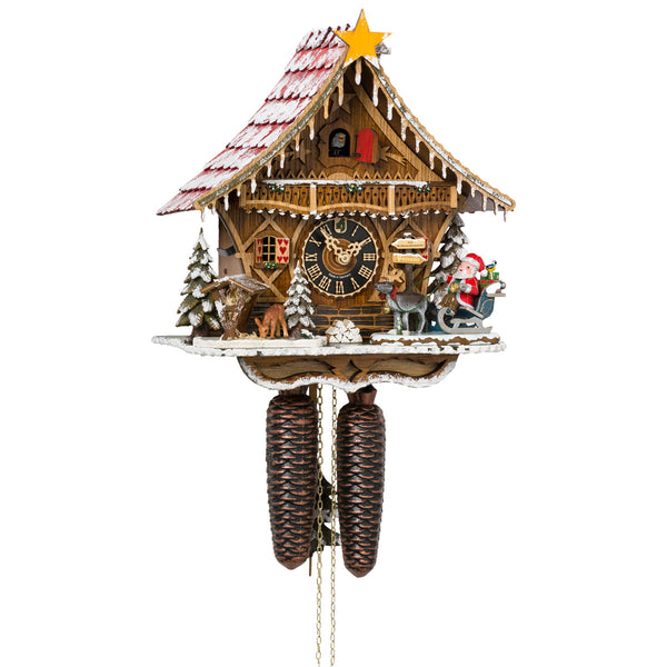 Handmade Hönes 8-day Black Forest cuckoo clock featuring Santa in sleigh, snow-covered chalet, deer, and golden star.
