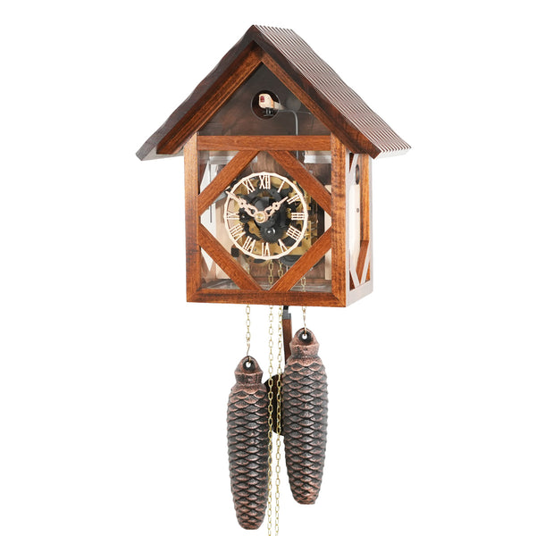 Modern Engstler Black Forest cuckoo clock with plexiglas panels, geometric wood frame, and mechanical pinecone weights.