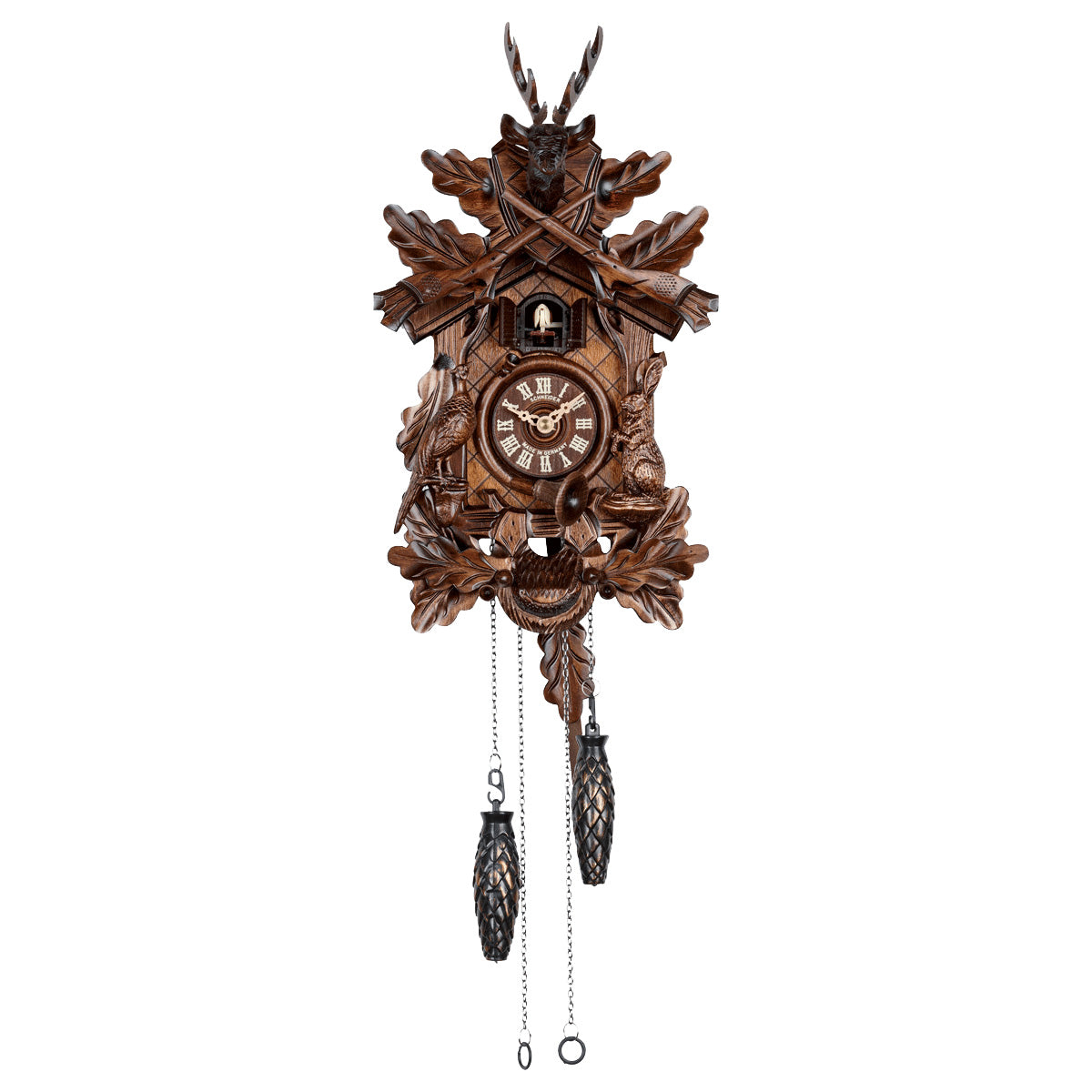 Schneider quartz hunter Black Forest cuckoo clock with stag, rabbit, and pheasant handcrafted in Germany
