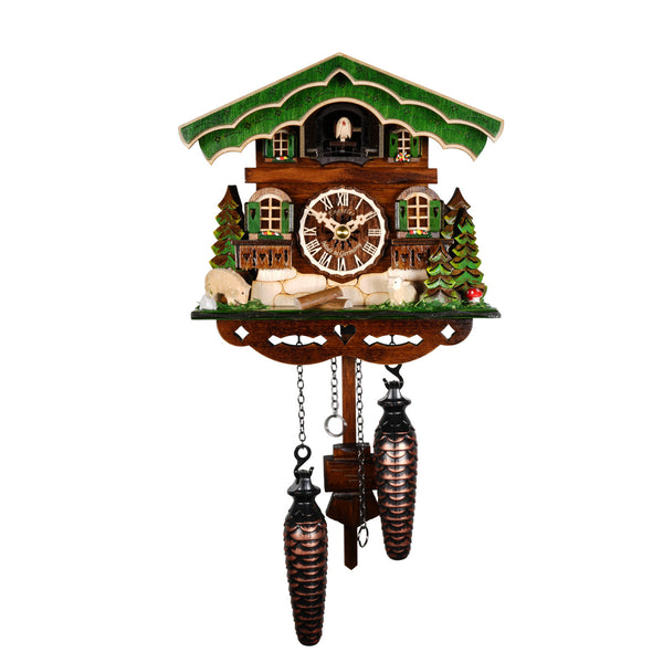 Engstler quartz chalet cuckoo clock with sheep, pine trees, green shutters, and traditional Black Forest alpine design.