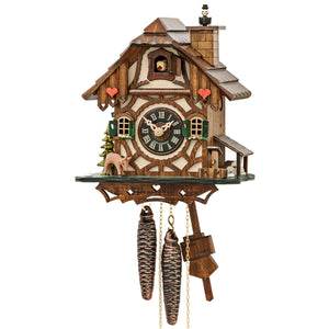 Image showing a chimney sweep popping in and out of the chimney, with a deer on the Engstler Chalet Black Forest Cuckoo Clock