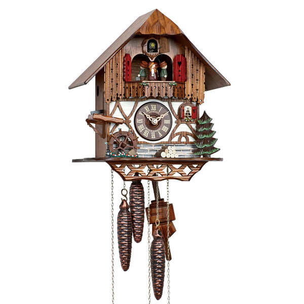 Schneider 1-day Black Forest chalet cuckoo clock with water wheel and dancers handcrafted in Germany