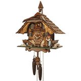 Dog standing next to a Black Forest Woman ringing the Bell on Engstler Chalet Black Forest Cuckoo Clock