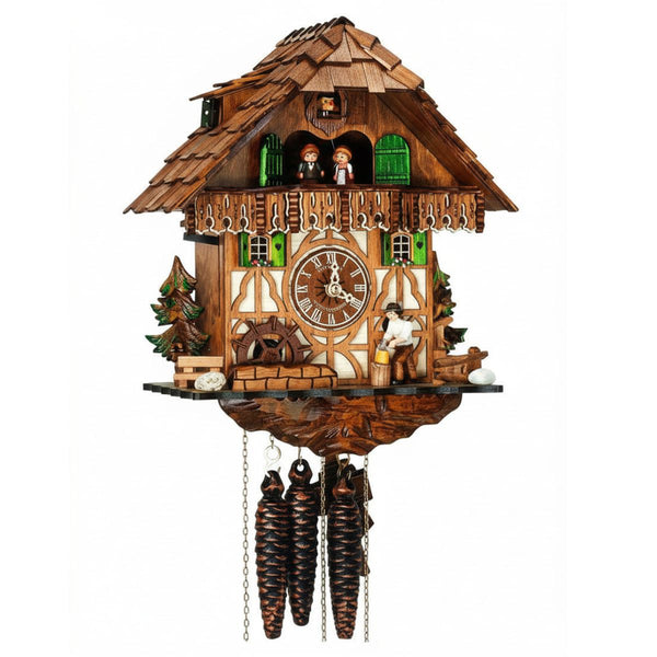 Schneider 1-day Black Forest chalet cuckoo clock with dancers woodchopper and waterwheel handcrafted in Germany