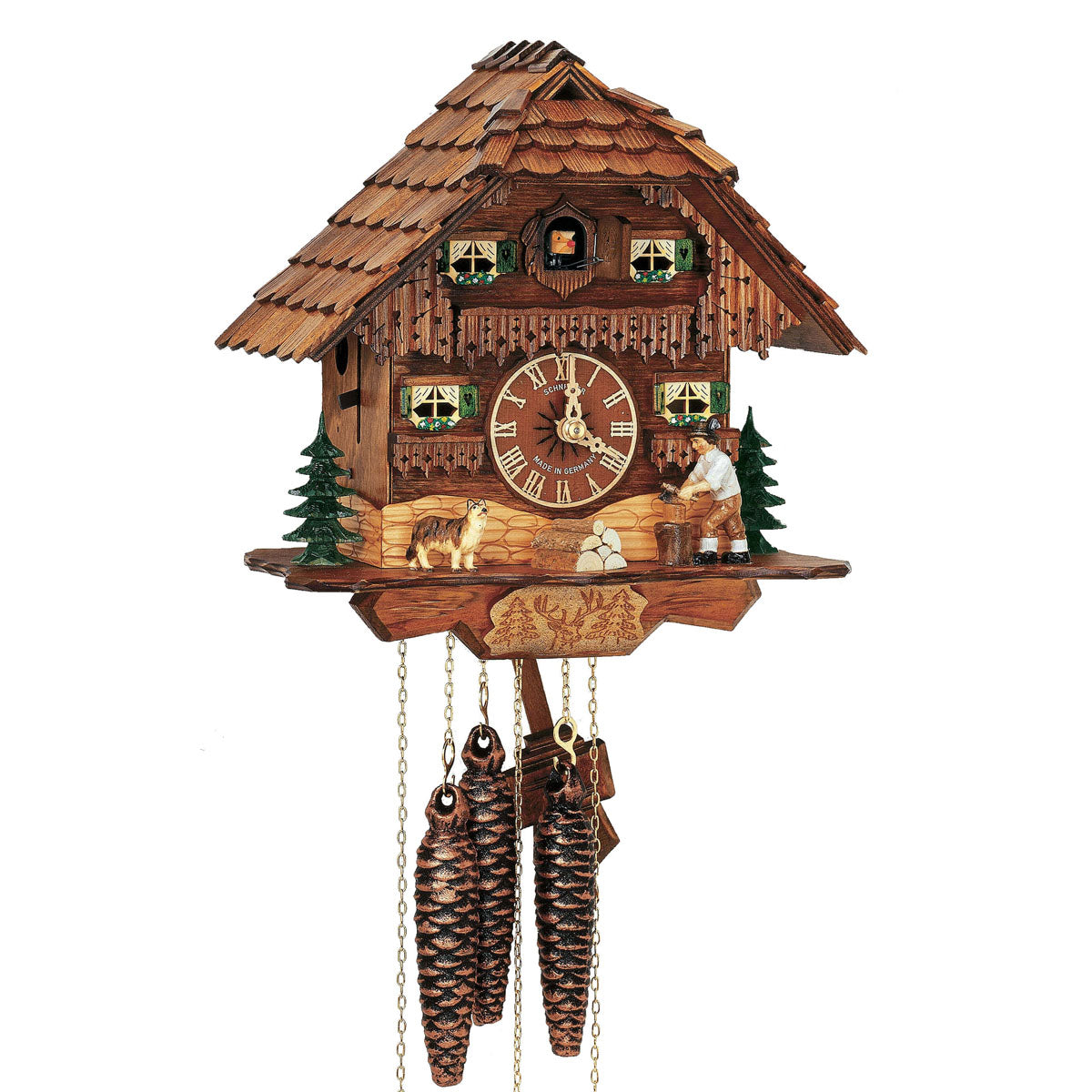 Schneider 1-day Black Forest chalet cuckoo clock with woodchopper and German Shepherd handcrafted in Germany