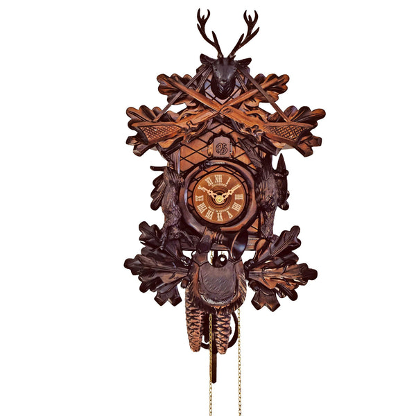 Schneider 1-day Black Forest hunter cuckoo clock with stag head, rifles, and carved forest animals handcrafted in Germany