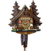 Bavarian Man chopping Wood on an Engstler Chalet Black Forest Cuckoo Clock with a Bench and a Fawn