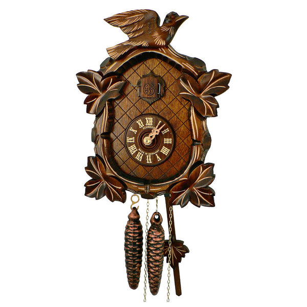 Schneider 1-day traditional Black Forest cuckoo clock with rounded face and carved grape leaves handcrafted in Germany