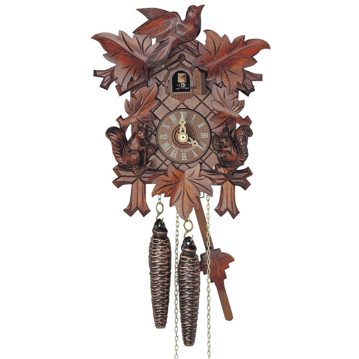 Schneider 1-day Black Forest cuckoo clock with squirrel carvings, leaves, and cuckoo bird handcrafted in Germany