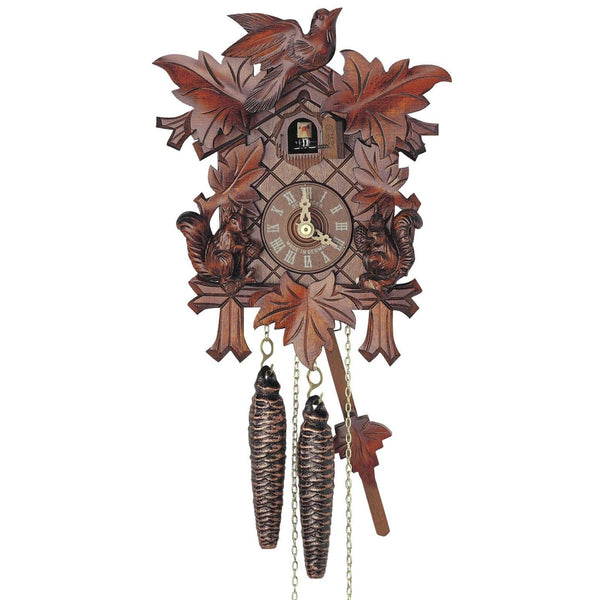 Schneider 1-day Black Forest cuckoo clock with squirrel carvings, leaves, and cuckoo bird handcrafted in Germany
