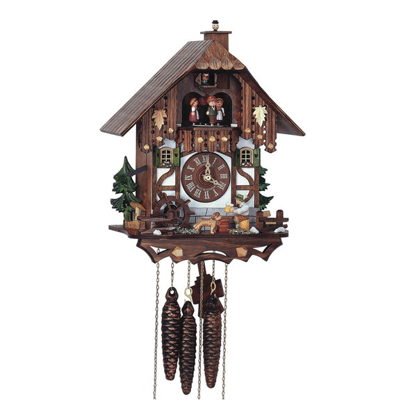1-Day Schneider Black Forest chalet cuckoo clock with beer drinker, chimney sweep, waterwheel, dancers, and St. Bernard dog.
