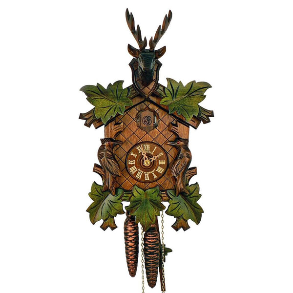 Schneider 1-day Black Forest cuckoo clock with green leaves, birds, and stag head handcrafted in Germany