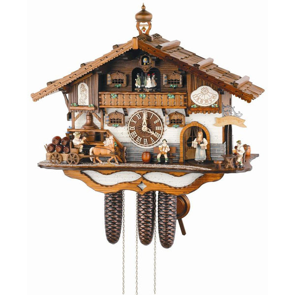 Anton Schneider 8-Day Bavarian Biergarten Cuckoo Clock featuring beer wagon, waitress, waterwheel, and spinning dancers.