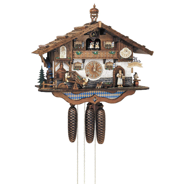 Anton Schneider 8-Day Bavarian Biergarten Cuckoo Clock featuring waitress, drinkers on a teeter-totter, waterwheel, and spinning dancers.