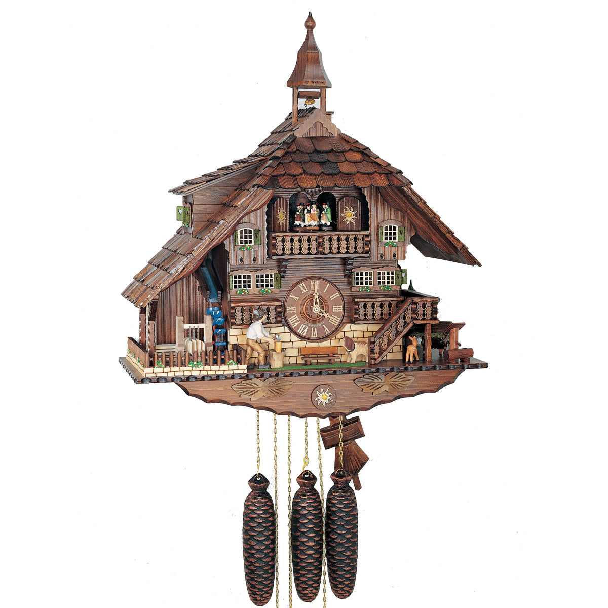Anton Schneider 8-Day Black Forest House Cuckoo Clock with bell tower, woodchopper, waterwheel, and sawmill scene.