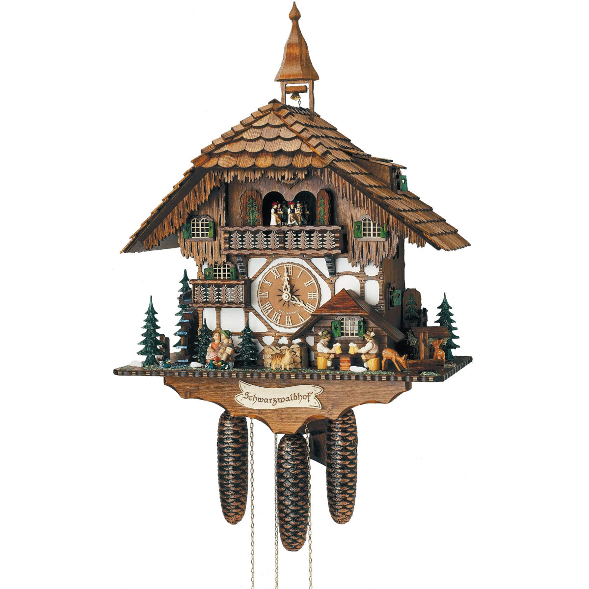 Schneider Schwarzwaldhof 8-day Black Forest chalet cuckoo clock with kissing couple, beer drinkers, waterwheel, dancers, and bell tower