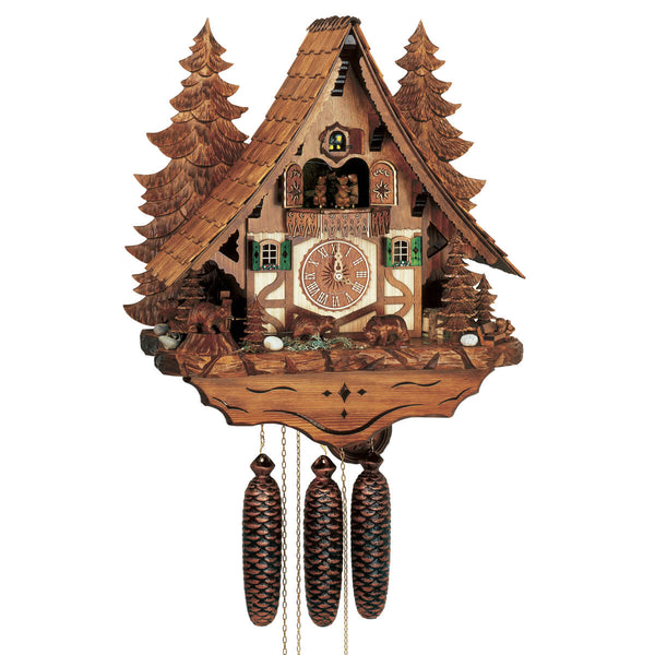 Anton Schneider 8-Day Chalet Cuckoo Clock featuring bears, turning waterwheel, and detailed Black Forest chalet design.
