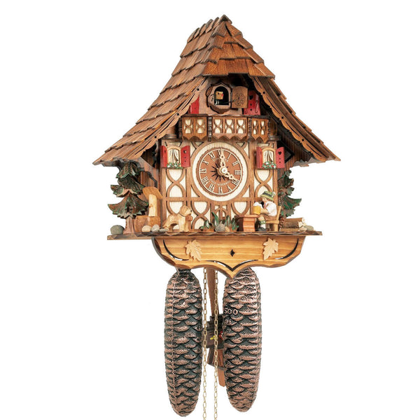 8-Day Black Forest chalet cuckoo clock by Schneider featuring beer drinker, Saint Bernard, red shutters, and steep hand-shingled roof.